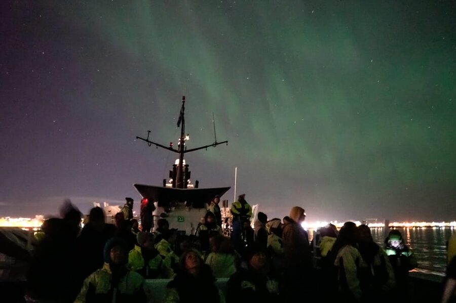Reykjavik: Northern Lights Guided Boat Tour with Photos - The sail out: city lights fade, mountains and coastline show up